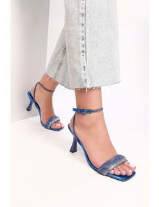 Shoeberry Women's Bella Sax Blue Metallic Single Strap Heeled Shoes