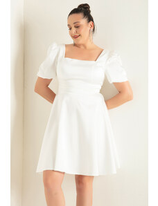 Lafaba Women's White Balloon Sleeve Flared Cut Mini Plus Size Satin Evening Dress