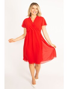 Şans Women's Plus Size Red Chiffon Dress With Wrapover Collar, Lined