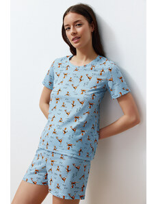 Trendyol Blue Cotton Animal Pattern Knitted Pajamas Set