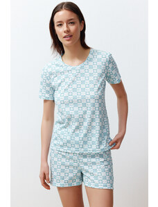 Trendyol Blue Cotton Leisure Patterned Knitted Pajamas Set