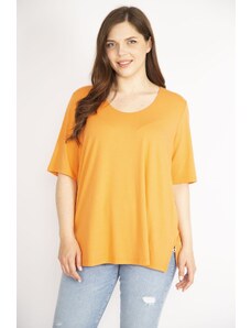 Şans Women's Orange Plus Size Front Two Layer Short Sleeve Lycra Blouse