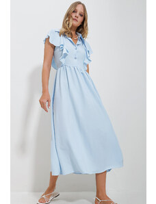 Trend Alaçatı Stili Women's Baby Blue Shirt Collar Half Pop Ruffle Detail Hidden Zipper Midi Length Dress