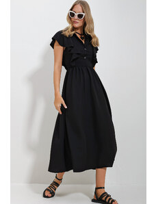 Trend Alaçatı Stili Women's Black Shirt Collar Half Pop Ruffle Detail Hidden Zipper Midi Length Dress