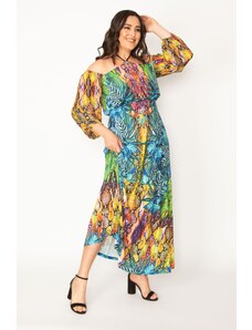 Şans Women's Plus Size Colorful Halter Neck Sleeve Detailed Colorful Dress