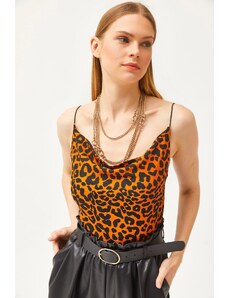 Olalook Women's Leopard Orange Turndown Collar Rope Strappy Blouse