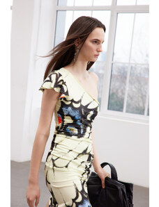 Trendyol Limited Edition Multi Color Printed Midi Asymmetric Neck Stretch Knitted Dress