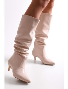 Shoeberry Women's Verda Beige Skin Gathered Heel Boots Beige Skin