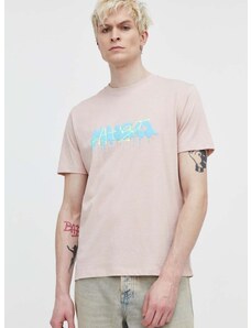 Βαμβακερό μπλουζάκι HUGO ανδρικά, χρώμα: ροζ