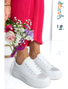 Ligglo Λευκά Sneakers με Κορδόνια & Στρας Λεπτομέρεια