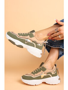 Ligglo Λαδί Sneakers σε Διχρωμία με Διακοσμητικό Κορδόνι Στρας