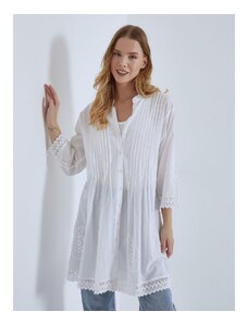 Celestino Βαμβακερό φόρεμα πουκαμίσα με κεντητές λεπτομέρειες λευκο για Γυναίκα
