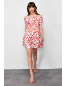 Trendyol Pink Floral Print Skirt Waist Opening Gipe Detailed Woven Mini Dress