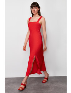 Trendyol Red Straight Cut Tie Back Detail Woven Midi Dress