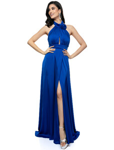 RichgirlBoudoir Εντυπωσιακό Βαθύ Μπλε Φόρεμα Βραδιάς με Λουλουδένιο Λαιμόκοψη και Υψηλό Σκίσιμο