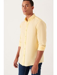 Avva Men's Yellow 100% Cotton Thin Soft Touch Buttoned Collar Long Sleeve Regular Fit Shirt