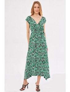 armonika Women's Green Efta Dress Back And Front Double Double Breasted Belted Patterned Midi Length
