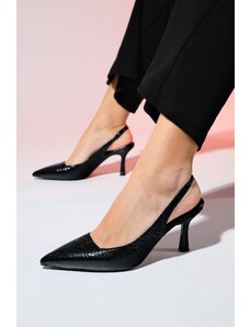 LuviShoes PLOVA Black Shiny Pointed Toe Open Back Thin Heel Shoes