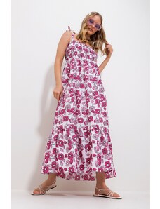 Trend Alaçatı Stili Women's Pink Strap Skirt Flounce Floral Pattern Gimped Woven Dress