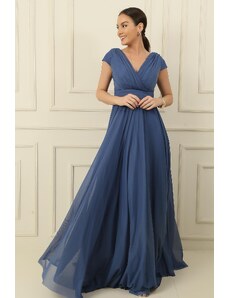 By Saygı Double Breasted Neck Nail Sleeve Full Circle Flared Lined Chiffon Tulle Long Dress