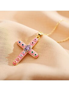 Charmy Ατσάλινος σταυρός με ροζ σμάλτο και ζιργκόν (N1625)