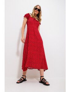 Trend Alaçatı Stili Women's Red Square Neck Floral Pattern Woven Dress