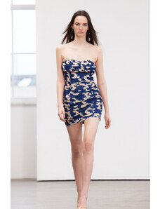 Trendyol Limited Edition Navy Blue Abstract Patterned Wrap-around Strapless Mini Woven Dress