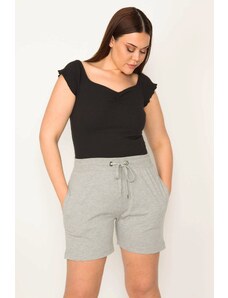Şans Women's Plus Size Gray Cotton Fabric Eyelet Detail Elastic Waist, Pocket Shorts