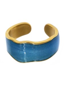 QueenBee Δαχτυλίδι Χρυσό Κυματιστό με Σμάλτο - Χρυσό - Μπλε