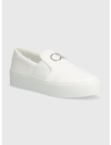 Δερμάτινα ελαφριά παπούτσια Calvin Klein FLATFORM CUP SLIP ON RE LOCK LTH χρώμα: άσπρο, HW0HW02057