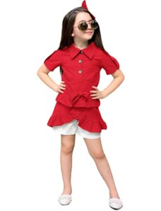 Riccotarz Κοριτσίστικο ζωσμένο κόκκινο φόρεμα με λεπτομέρεια με κουμπιά και φούστα με βολάν