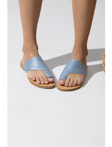 LOVEFASHIONPOINT Sandals Flat Γυναικεία Μπλε Τζιν-Ασημί Υφασμάτινα