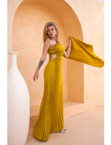 Joy Fashion House Veil μακρύ φόρεμα πλισέ με ένα ώμο και όψη σατέν ώχρα