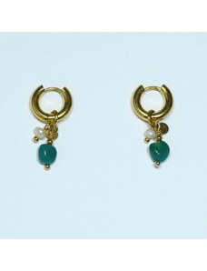 jewels4u Σκουλαρίκια με κρεμαστή πέτρα πράσινου αχάτη και fresh water pearl - JWLS11902