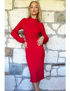 Trend Alaçatı Stili Γυναικείο Κόκκινο Ντραπέ Μέση Stand Up Γιακάς Balloon Sleeve Φόρεμα