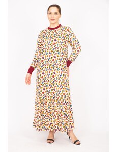 Şans Women's Colorful Plus Size Long Dress From Woven Viscose Fabric with Ribbed Collar And Arms