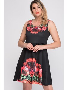 Şans Women's Large Size Black Floral Patterned Dress