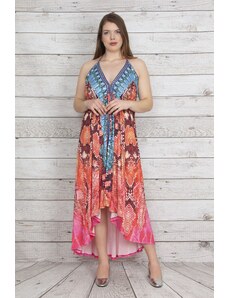 Şans Women's Plus Size Multicolored Multicolored Asymmetrical Cut Dress with Decollete Detail