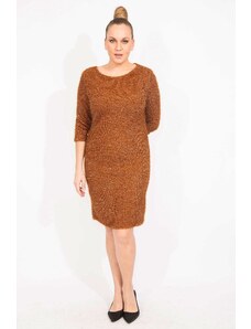 Şans Women's Plus Size Cinnamon Glittery Evening Dress With Fabric