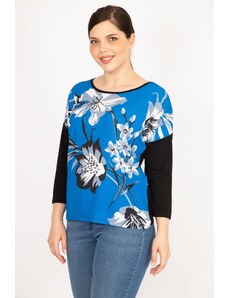 Şans Women's Blue Plus Size Front Patterned Blouse