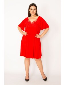 Şans Women's Plus Size Red Lace Detailed Dress with Elastic Waist