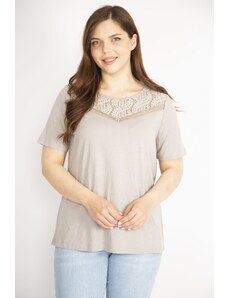 Şans Women's Mink Plus Size Collar Lace Detailed Short Sleeve Blouse