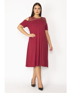 Şans Women's Plus Size Claret Red Burgundy Dress With Low-Collection And Pockets Mesh Detail Viscose