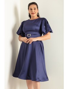 Lafaba Γυναικεία Navy Blue Balloon Sleeve Stone Belted Plus Size Σατέν Βραδινό Φόρεμα