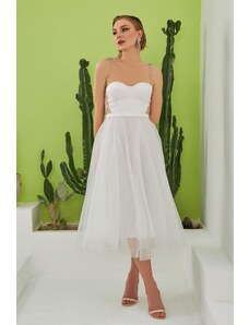 Carmen Ecru Tulle Strap Princess Midi Promise And Wedding Dress