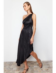 Trendyol Black Asymmetrical Knitted Evening Dress in Satin with Pleat Detail