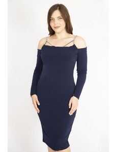 Şans Women's Navy Blue Plus Size Strap Stone Detailed Decollete Decollete Evening Dress