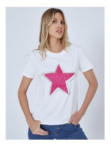 Celestino T-shirt με αστέρι και strass φουξια λευκο για Γυναίκα