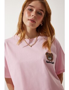 Happiness İstanbul Women's Light Pink Teddy Bear Crest Crop Knitted T-Shirt