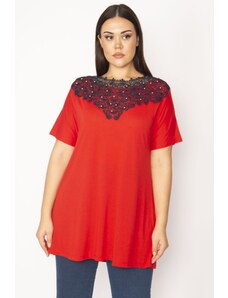 Şans Women's Plus Size Red Blouse with Lace Collar